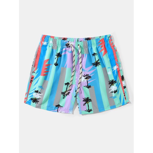 Men Palm Tree Colorful Geometric Mesh Inside Beachwear Shorts